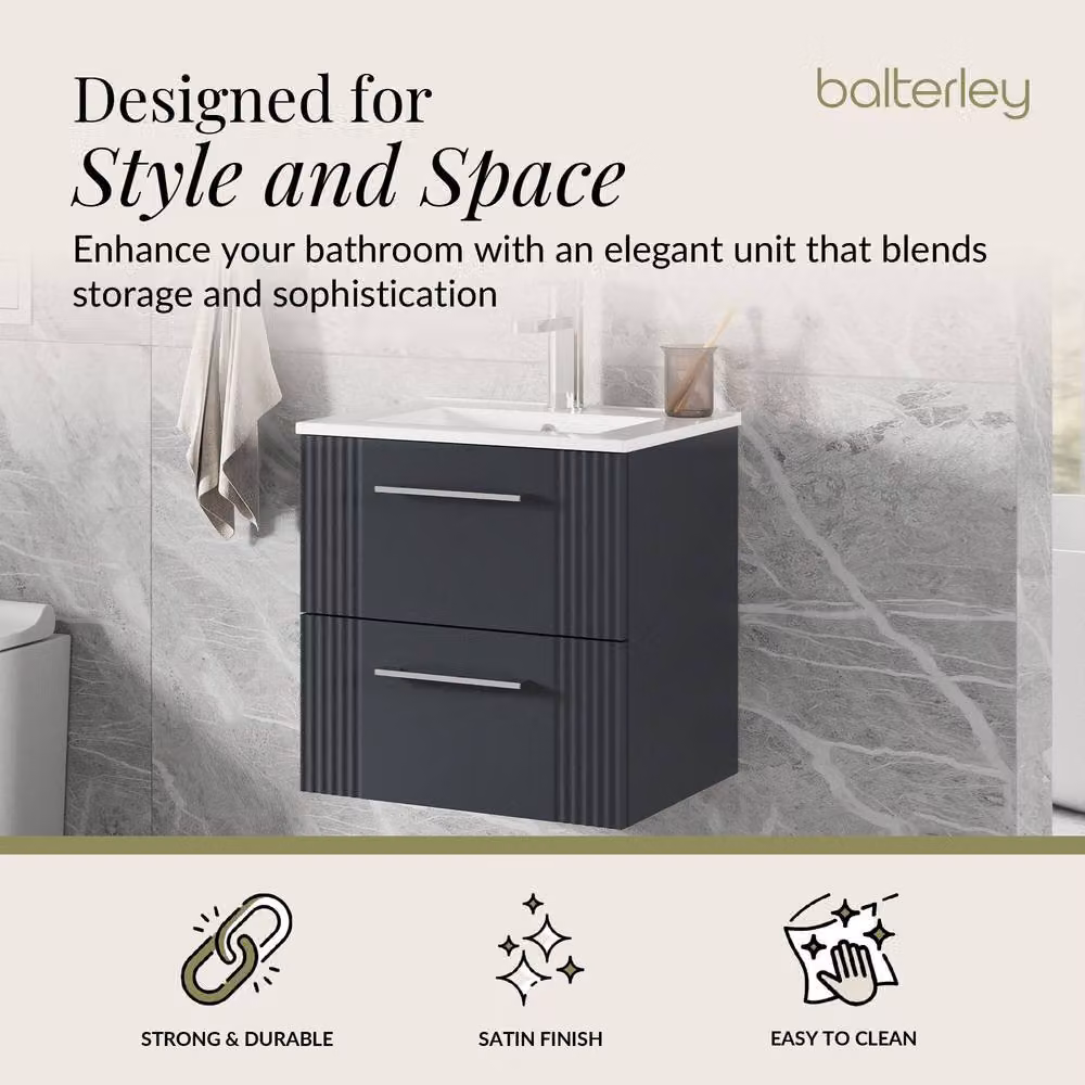 Balterley Wall Hung 2 Drawer Vanity Unit with Minimalist Vitreous China Basin, Satin Dark Grey, W: 50 cm, D: 51.8 cm, H: 50 cm – 2