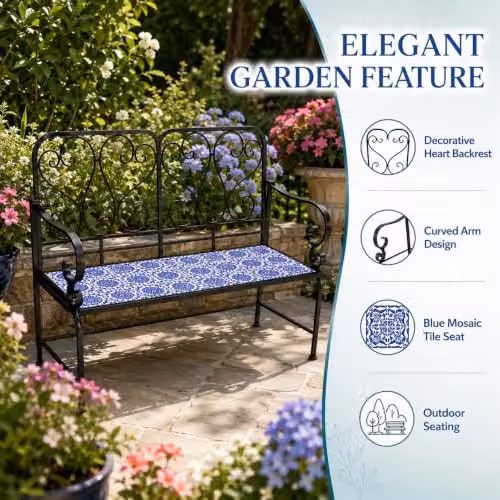 SHATCHI Porto 2 Seater Mosaic Garden Bench with Blue Ceramic Tile Seat and Lacquered Metal Frame, W: 112 cm, H: 96 cm, D: 47 cm – 5