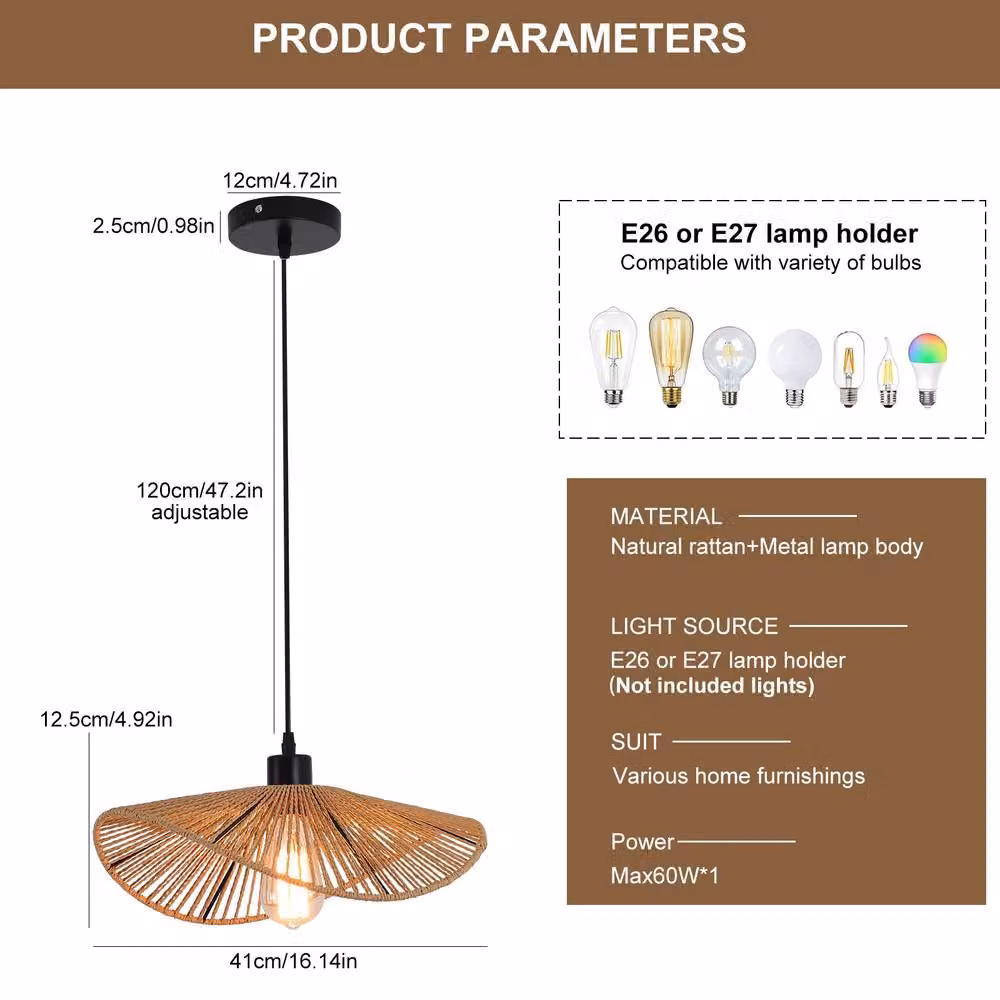 NIVOR Industrial Rattan Pendant Light in Brown, Boho Farmhouse Style for Bedroom – 2