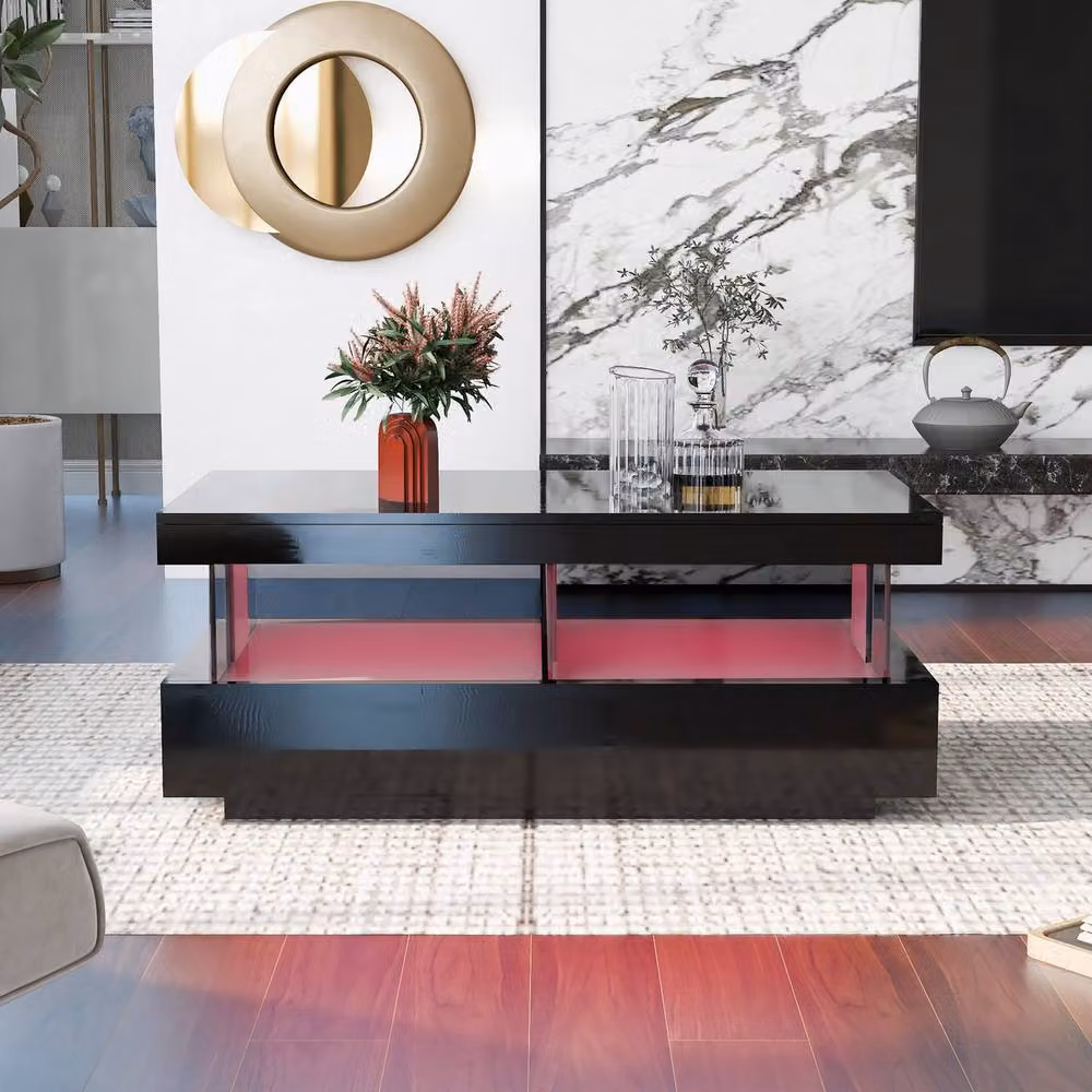 Rolipo Black High Gloss LED Coffee Table with 2 Storage Drawers (Pack of 2) – 3