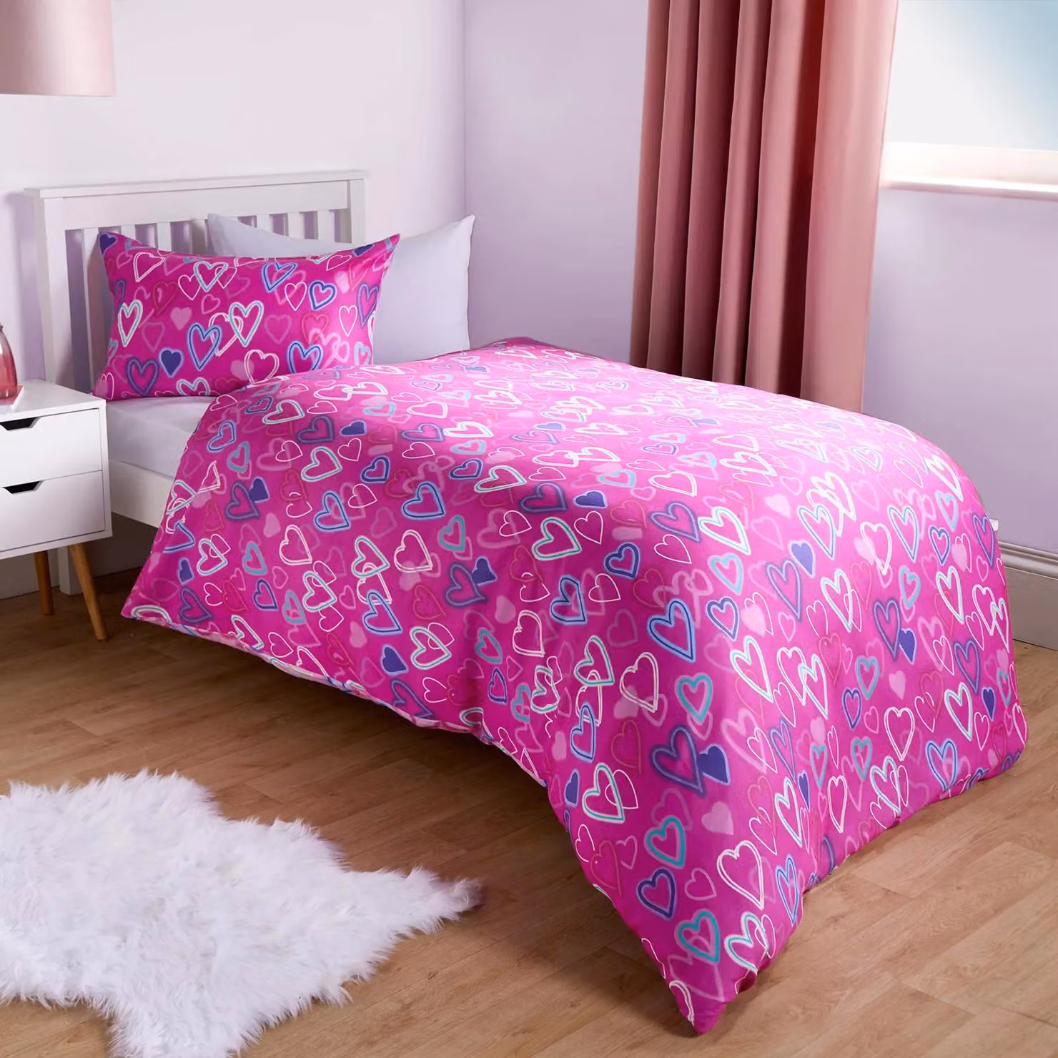 OHS Neon Heart Reversible Kids Duvet Cover and Pillowcase Set in Pink, Single (90 x 200 cm) – 2