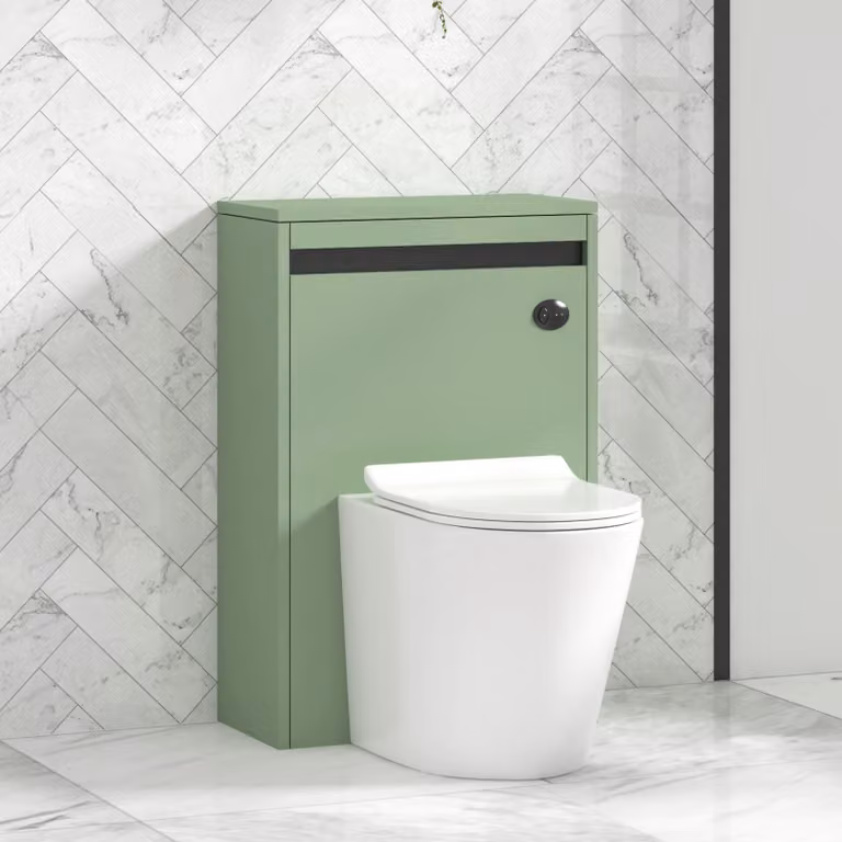 Royal Bathrooms Orion Wall Mounted Mint Sage WC Unit with Cesar Rimless Ceramic Toilet Pan, Slim Soft Close Seat and Cistern with Black Accent Trim, Width: 54 cm