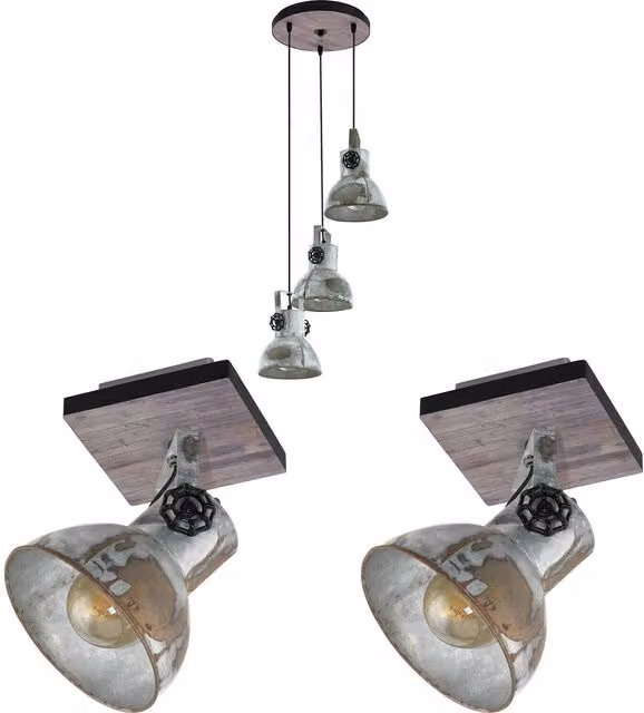 Loops Industrial Multi Lamp Set with Ceiling Pendant and 2x Matching Wall Lights in Black and Wood – 1