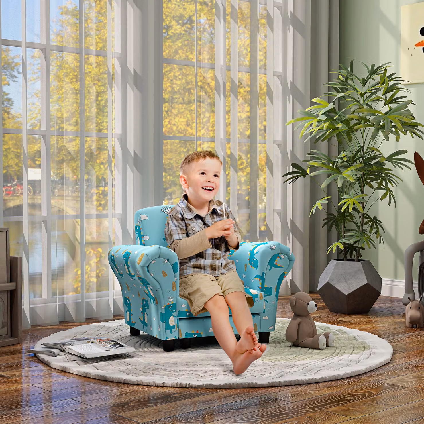 AIYAPLAY 2 Piece Kids Sofa Set with Dinosaur Design, Blue Fabric and Foam with Solid Wood Frame including Ottoman – 2