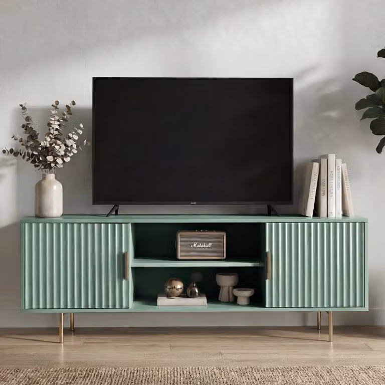 DHS Flutrina Modern Painted TV Unit Cabinet in Sage Green, W: 140 cm, D: 40 cm, suitable for TVs up to 55"