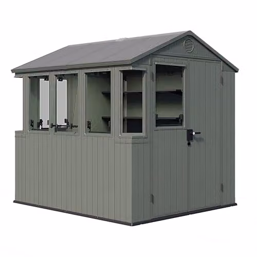 Keter Darwin Potting Shed 6x8ft in Green with Hybrid Roof, 5 Opening Windows, 2 Fixed Windows, 2 x 160cm Shelves and Lockable Design in Evotech+ Wood-Look Resin
