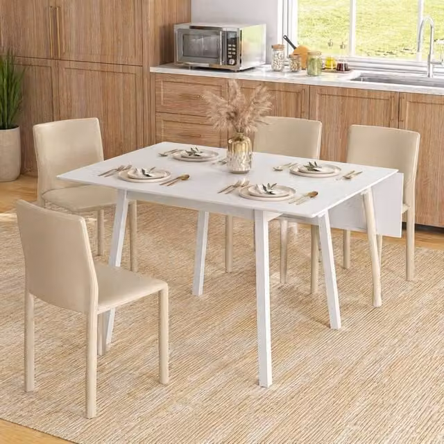 STILVORA Modern White Pine Wood Dining Table with Butterfly Drop Leaf and Rounded Edges – 1