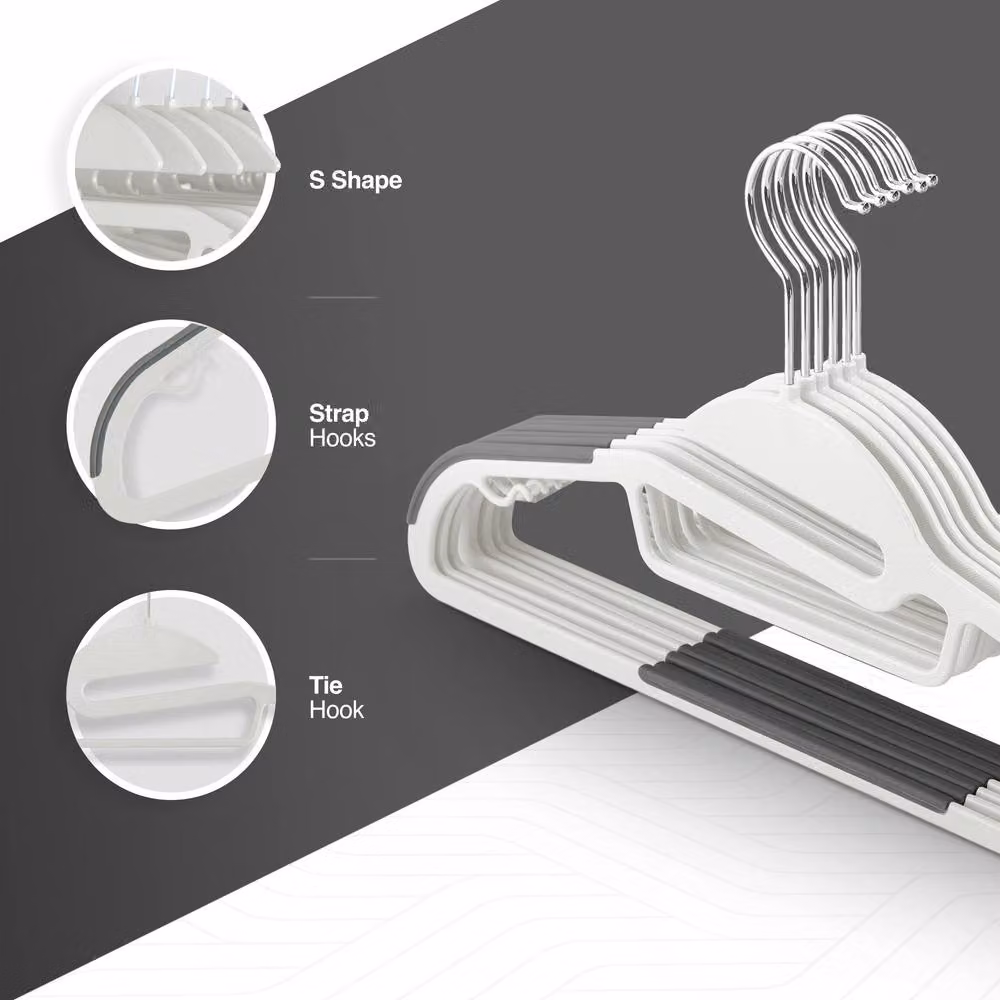 Keplin 50-Pack Non-Slip Space-Saving Plastic Hangers with 360 Degree Swivel Hook in White – 4