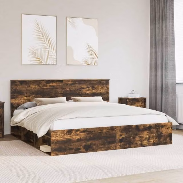 Berkfield Home Modern Bed Frame in Smoked Oak and Brown Solid Pine Wood, 200 x 200 cm