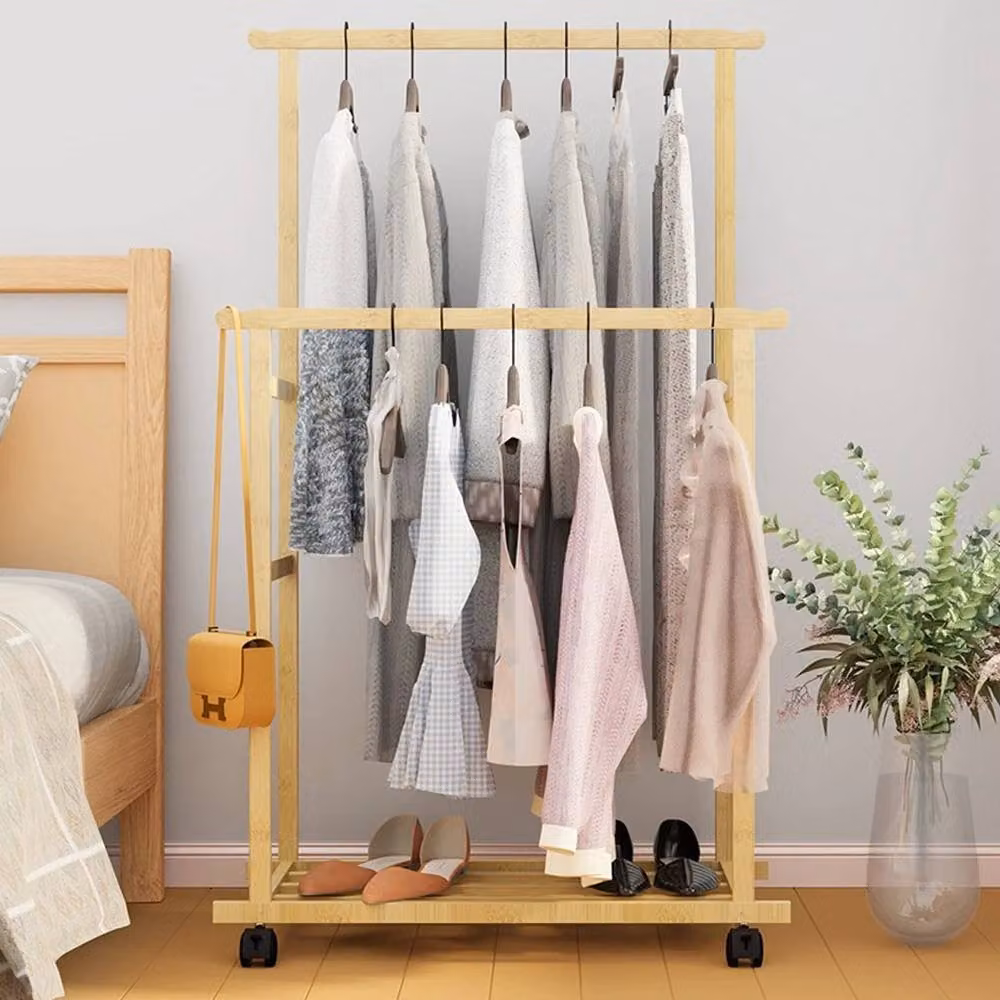 ERGOVEXA Mobile Clothes Rail and Garment Hanging Shelf in Natural Wood, W/D/H: 160 x 80 x 20 cm – 2
