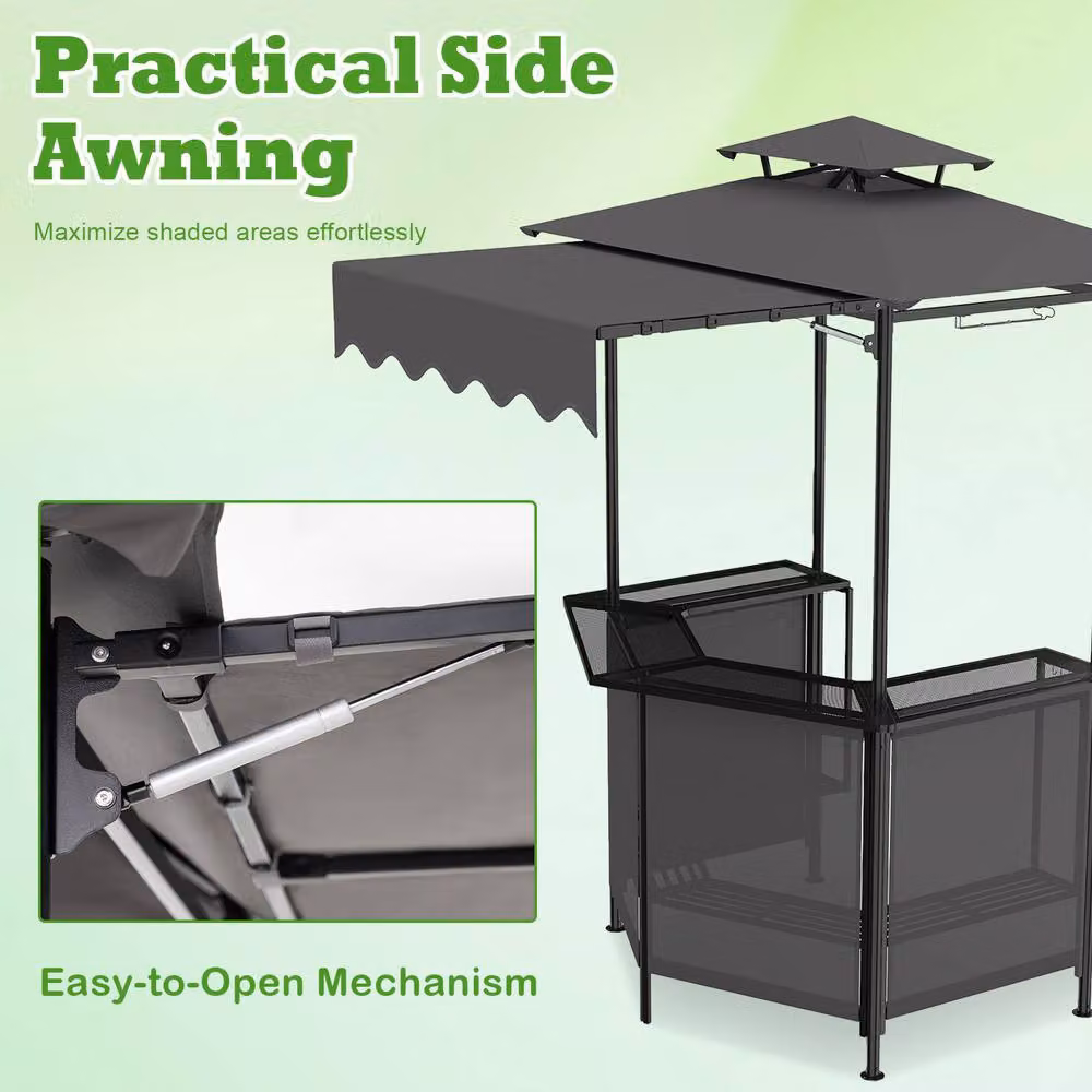 Gymax Outdoor Bar Set Including Grill Gazebo, Bar Table and 2 Folding Bar Stools in Grey – 5