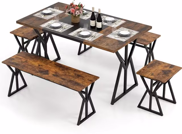 COSTWAY 5 Piece Industrial Dining Room Furniture Set with Rectangular Table and Benches in Brown
