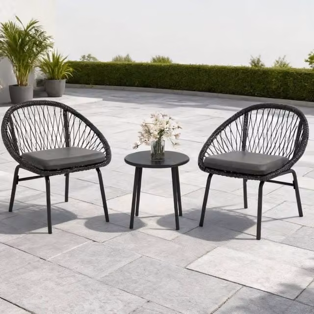 ERGOVEXA Three-Piece Black Rattan Bistro Set for Garden and Balcony