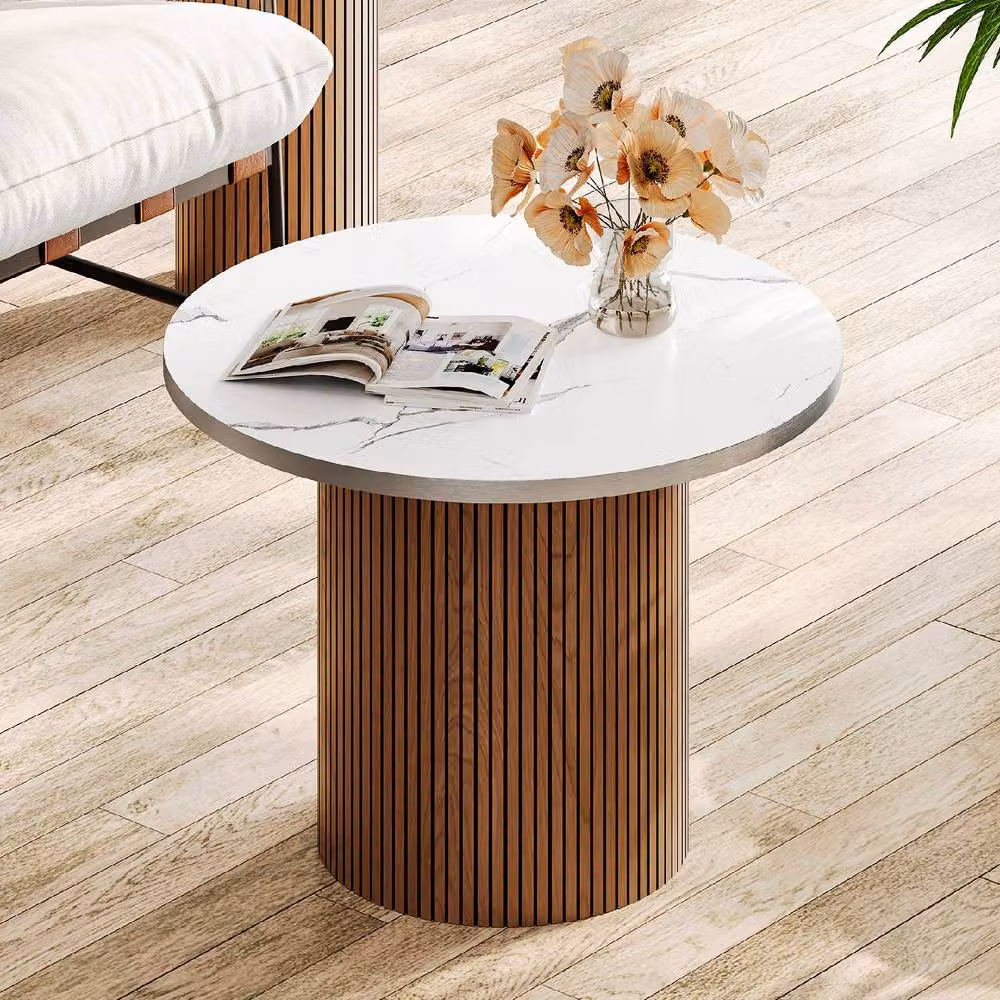 Dprodo Set of 2 Round Small Coffee Tables in Brown Walnut Finish – 4