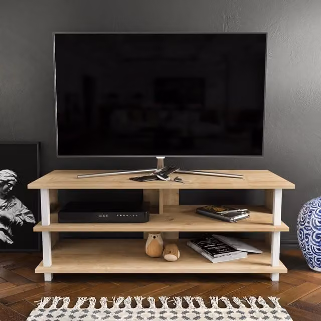 Decorotika Pueblo Modern TV Unit with Shelves in White, W: 120 cm, D: 45 cm, H: 47 cm