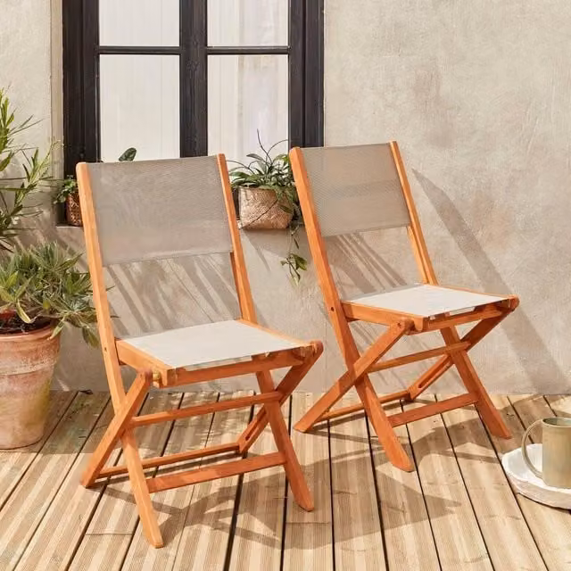sweeek Pair of Foldable Wooden Garden Chairs in Taupe with UV-Resistant Textilene Fabric and Armrests