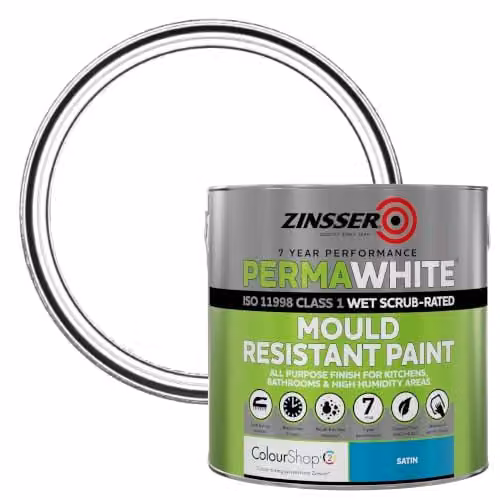Zinsser Perma-White Satin Mould Resistant Water-Based Interior Paint, White, 2.5 l