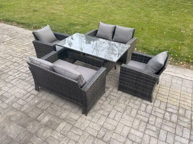 Fimous 6 Seater Rattan Garden Furniture Set with Oblong Dining Table and Double Seat Sofa in Dark Grey