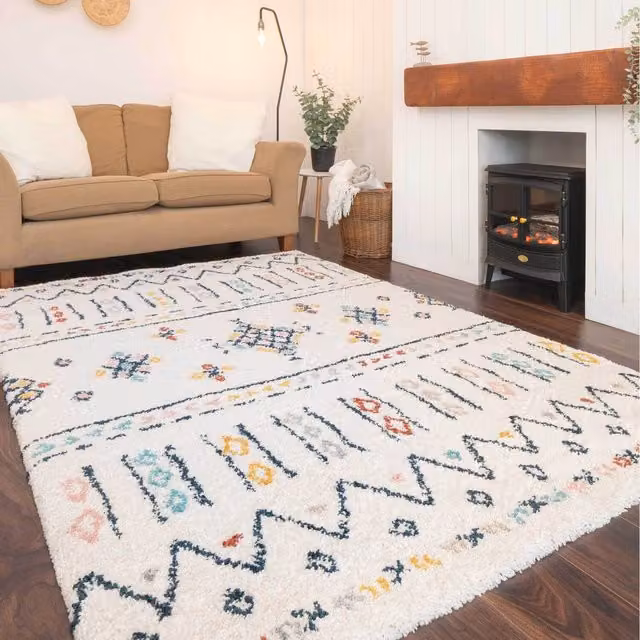 The Rug House Boho Aztec Moroccan Shaggy Living Area Rug, Multicolour and Beige, W: 170 cm, D: 120 cm