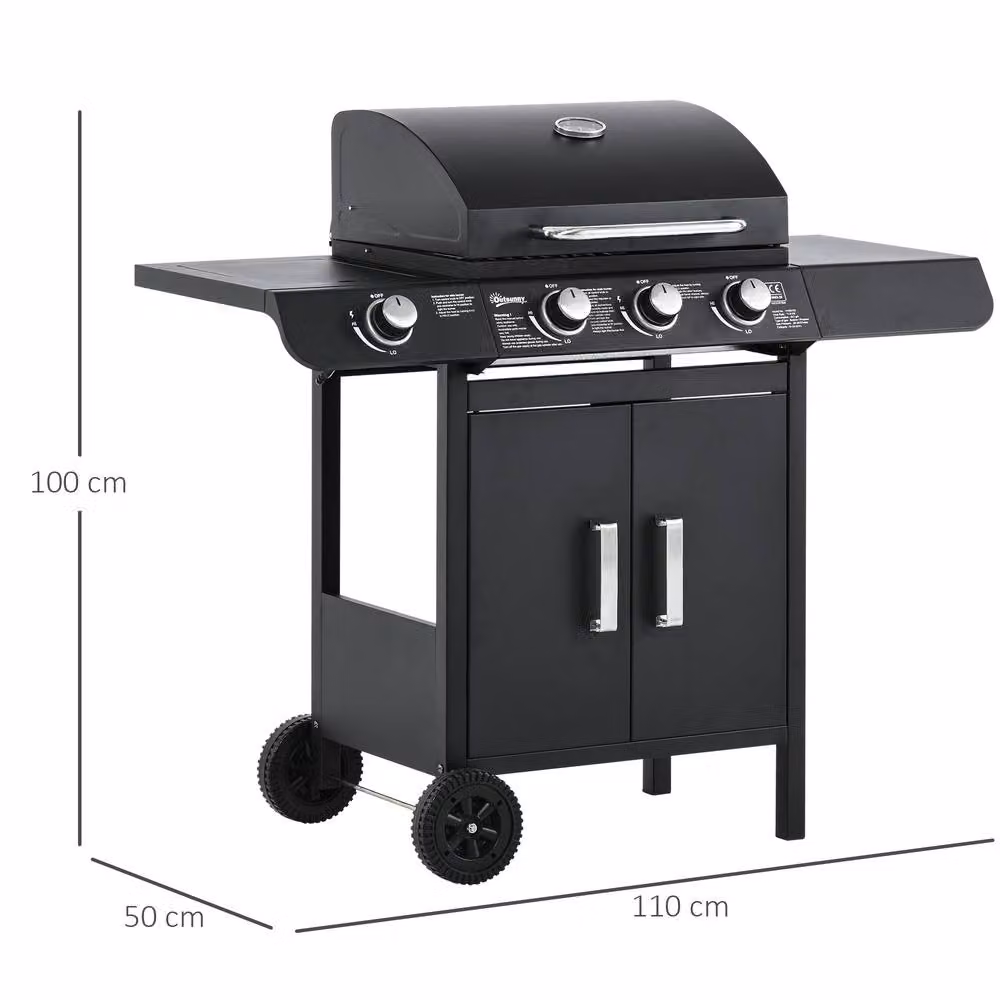 OUTSUNNY Gas Barbecue Grill with 3+1 Burners, Side Burner and Thermometer, Black – 3