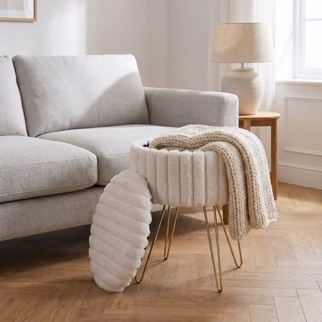 GAVENO CAVAILIA Ribbed Bouclé Round Storage Stool with Hairpin Legs in Beige and Brown