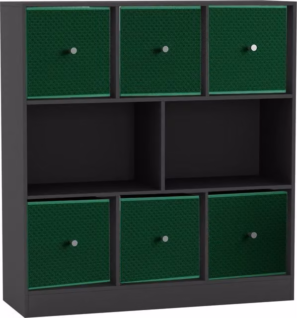 URBNLIVING 8 Cube Bookcase in Black with 6 Green Fabric Storage Drawers
