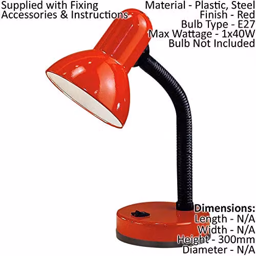 Loops 2 Pack Red Metal Adjustable Table Lamps with E27 Rocker Switch – 2