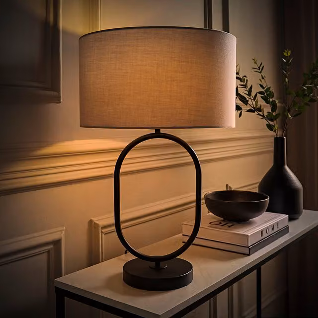 ValueLights Antonia Art Deco Oval Table Lamp with Black Metal Base, Grey Fabric Drum Shade and LED Bulb