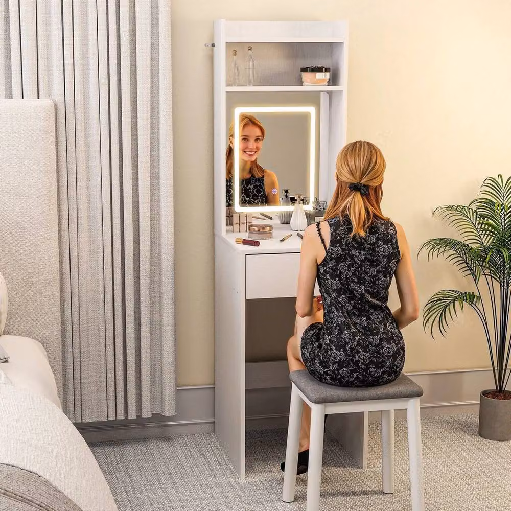 FORGEVIO Compact White Drop Leaf Dressing Table with Hollywood LED Mirror – 3
