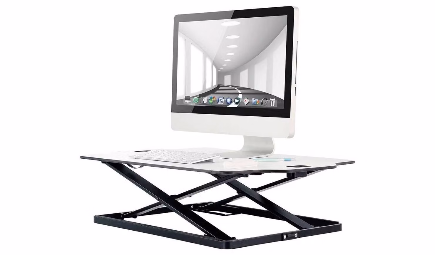 ProperAV Slim Profile Ergonomic Stand Up Desk Workstation in White with Manual Crank and Folding Top