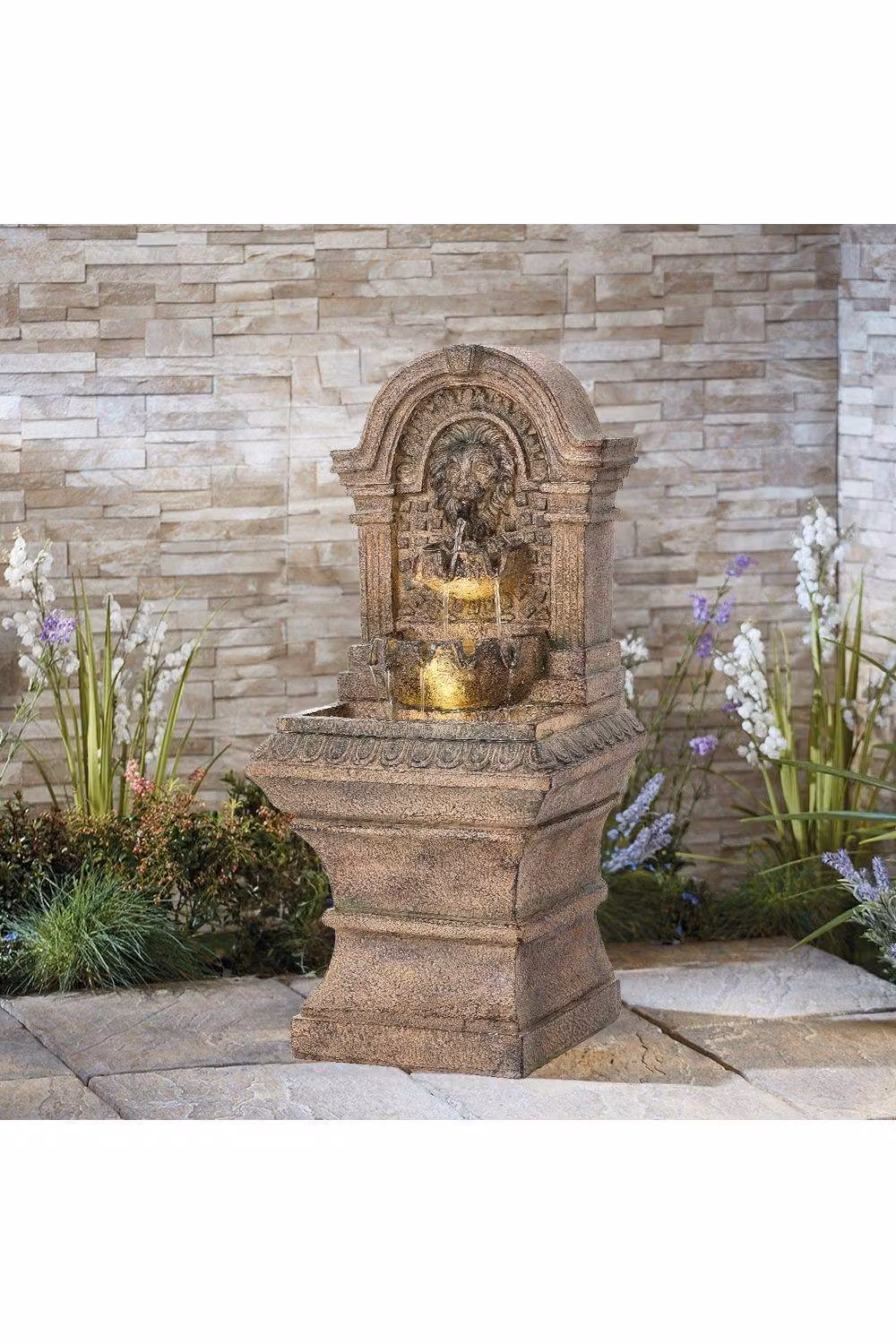 Garden Sanctuary Solar Powered Rectangular Cascade Water Fountain in Sand Brown Stone, W/D/H: 63 x 30 x 22 cm – 2