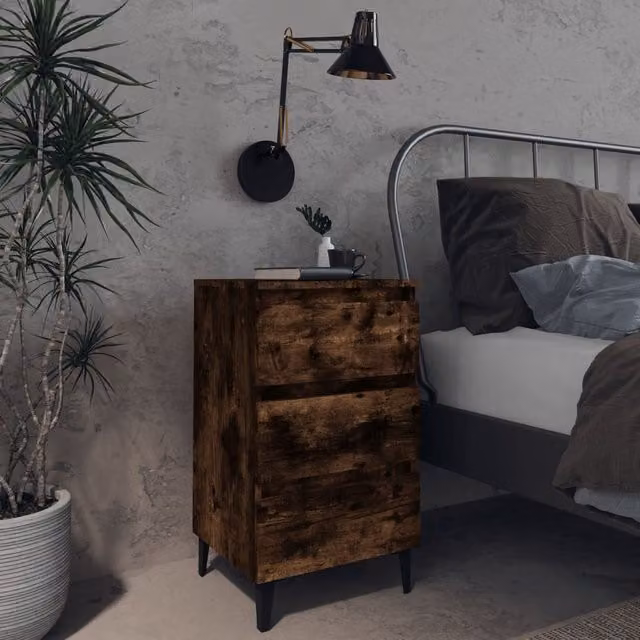 Berkfield Home Bed Cabinet in Smoked Oak and Brown with Metal Legs, W/D/H: 40 x 35 x 69 cm – 1