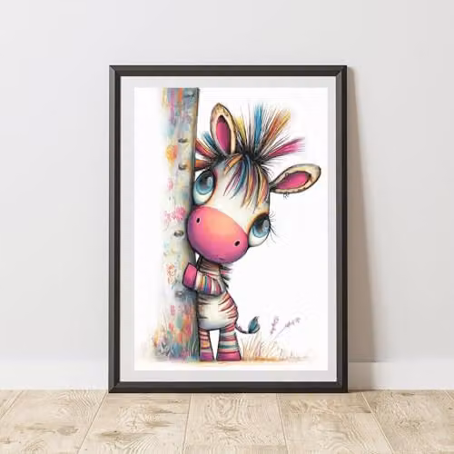 60 SECOND MAKEOVER Peeking Colourful Zebra Print Wall Art Poster, Multicolour, A4