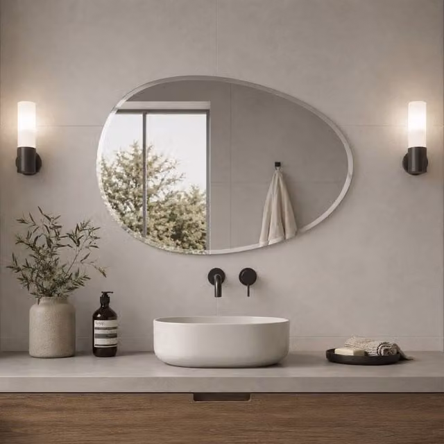 Showerdrape Angel Pebble Oval Wall Mounted Frameless Bevelled Edge Bathroom Mirror in Silver, W: 60 cm, H: 45 cm