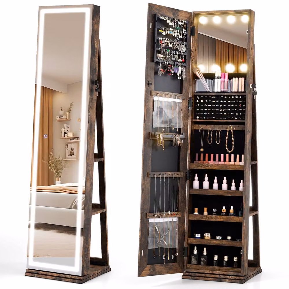 Costway 360 Swivel Freestanding Jewelry Cabinet and Storage Organiser in Brown with LED Lighting and Mirror – 3