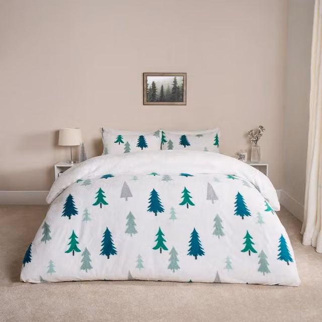 OHS Christmas Tree Teddy Fleece Duvet Cover Set, Green and White, Single, 90 x 200 cm