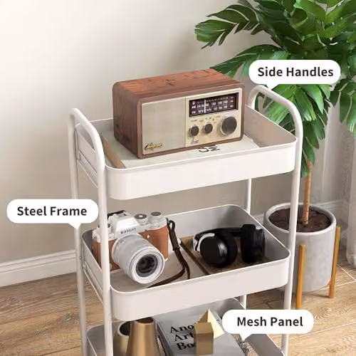HOMCOM 3-Tier Rolling Utility Storage Trolley with Mesh Baskets, White, W/D/H: 45 x 30.6 x 79 cm – 5