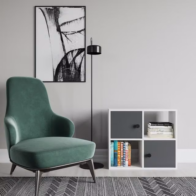 Decorotika Tasso Bookcase with Cabinets in White and Anthracite, W: 62.6 cm, H: 63.5 cm