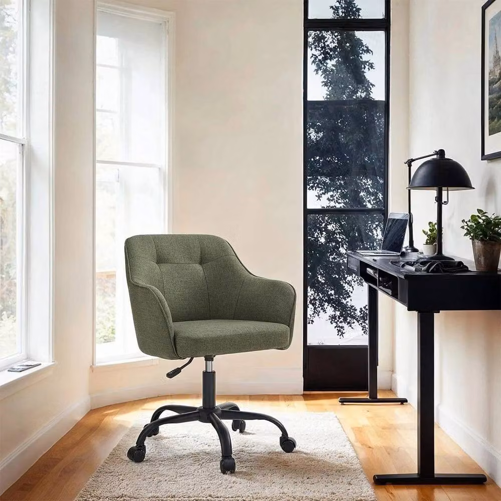 Kelvenix Modern Green Cotton-Linen Upholstered Swivel Office Task Chair with Armrests and Castors – 4