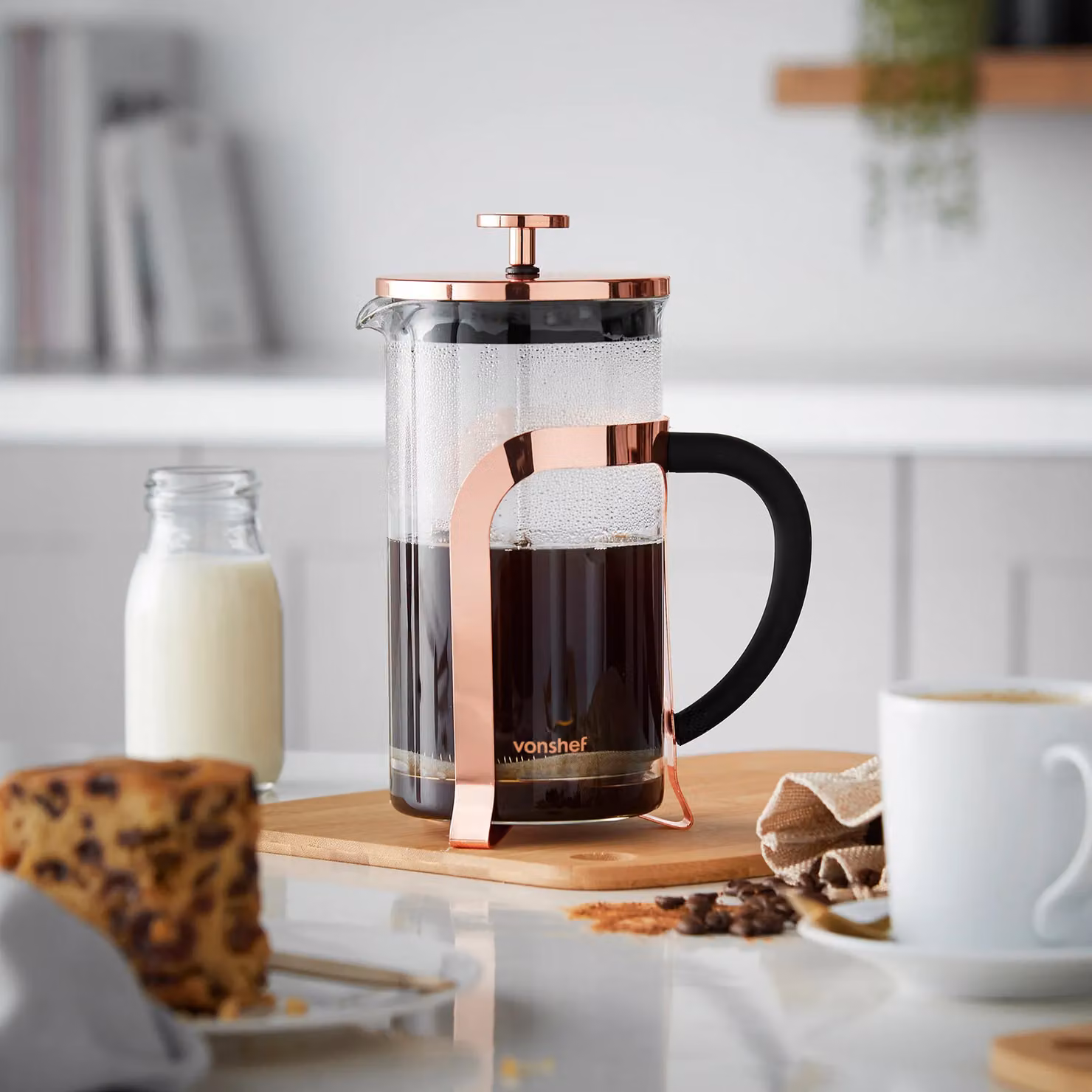 VonShef 1L Heat Resistant Glass French Press Cafetiere in Rose Gold – 5
