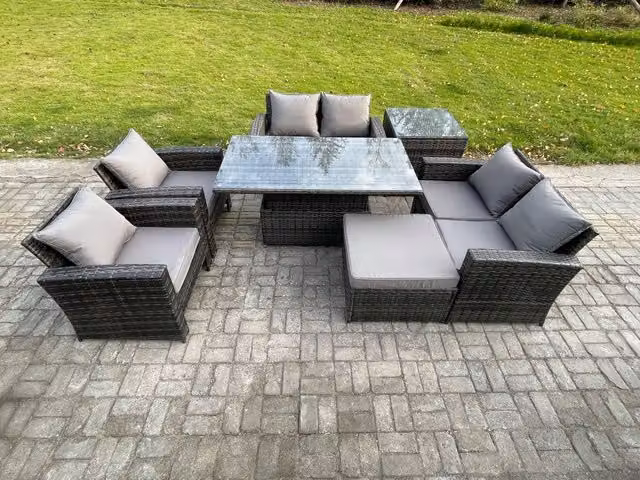 Fimous 7 Seater Rattan Garden Furniture Set with Height Adjustable Lifting Table and Side Table in Dark Grey