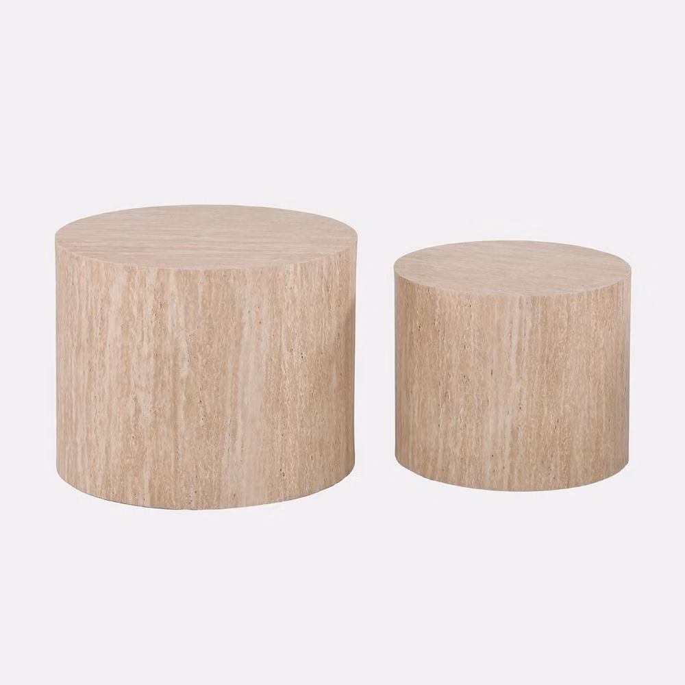 OHS Set of 2 Round Travertine Effect Coffee Tables in Beige Stone – 2