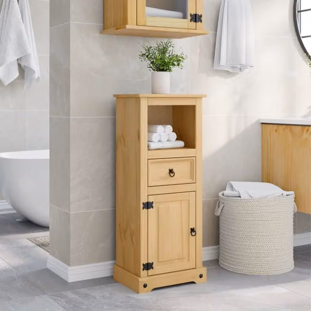 Berkfield Home Corona Brown Solid Wood Pine Wall Mounted Bathroom Cabinet with Doors and Drawers, W/D/H: 45 x 33 x 110 cm – 1