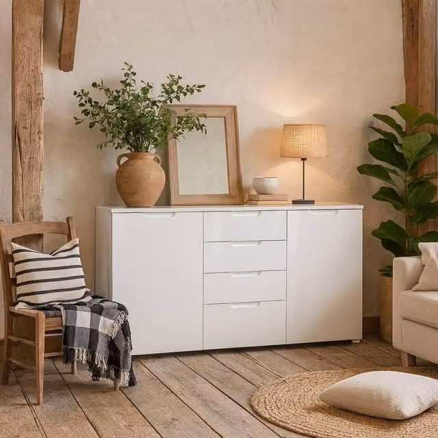 Wyld Haus Leipzig White Gloss Wide Chest of Drawers with 4 Drawers and 2 Doors – 1