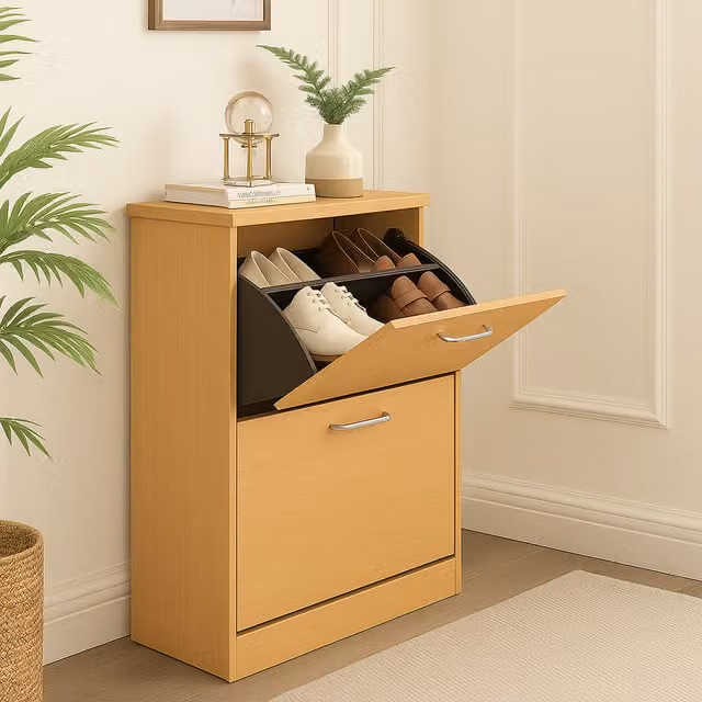 Home Treats Beech Wooden Shoe Cabinet with 2 Drawers and Tilting Compartments, W/D/H: 60 x 28 x 90 cm
