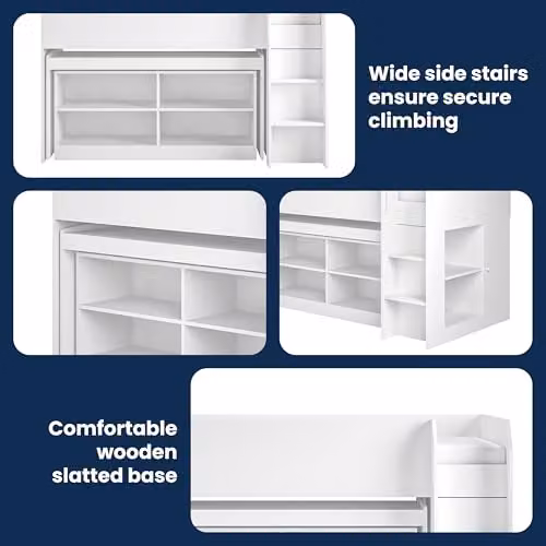 Flair Furnishings Kids Mid Sleeper Cabin Bed in White with Desk, Staircase, and Integrated Shelves – 2