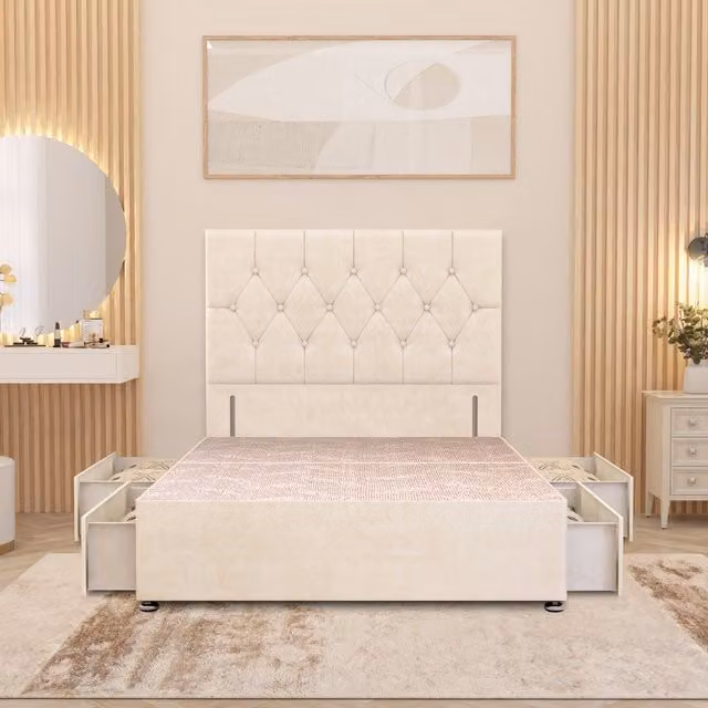 Somnior Beds Ltd Chesterfield Velvet Upholstered Divan Bed Base with Drawers, White/Yellow, W: 140 cm, D: 200 cm