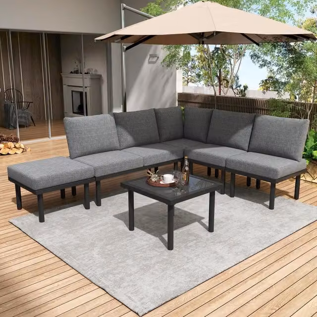 Modern Grey Handwoven Rope 6 Seater Garden Lounge Set with Glass Top Coffee Table