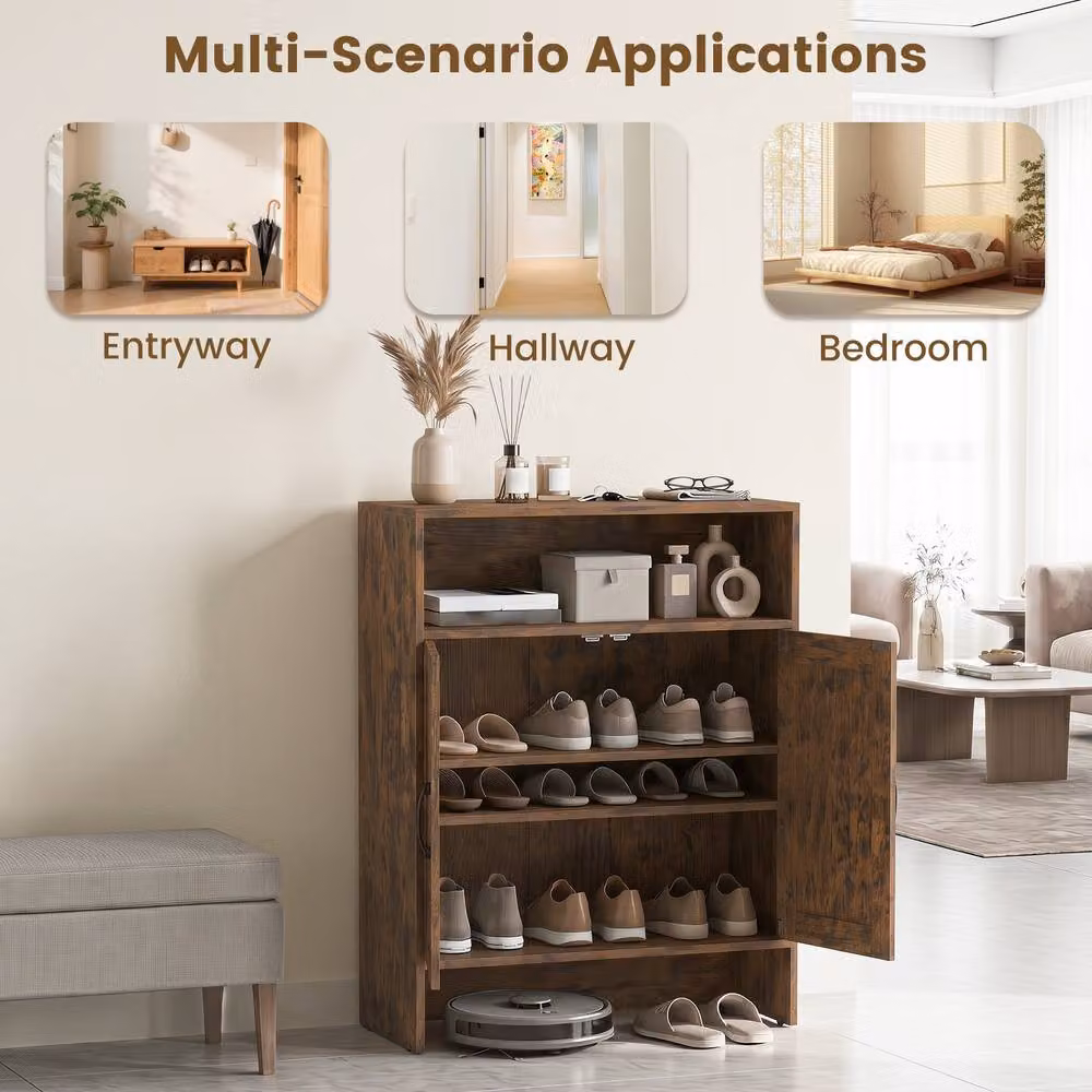 Costway Brown Rustic Wood Shoe Cabinet with 2 Barn Doors and Internal Shelves – 7