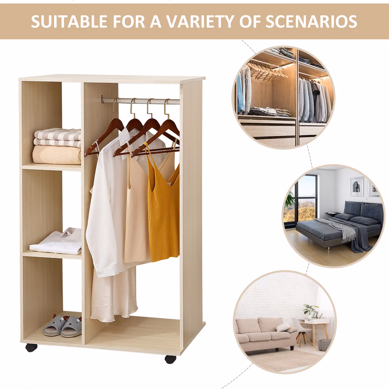 HOMCOM Open Wardrobe on Wheels with Clothes Hanging Rail and 3 Storage Shelves in Maple Wood-Effect – 3
